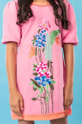 Pink flower embroidered  frock
