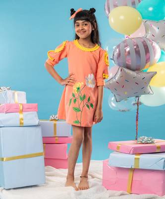 Orange flower embroidered frock 1