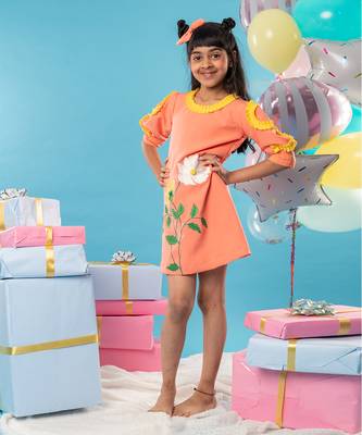 Orange flower embroidered frock 2