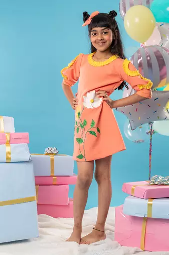 Orange flower embroidered frock
