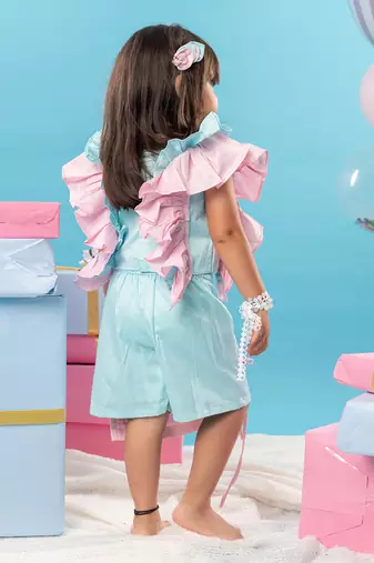 Patch work ruffle sleeve top with skorts