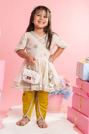 Pleated kurti with yellow dhoti
