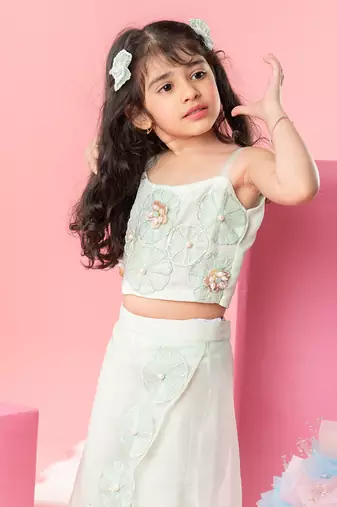 Sea green flower embroidered palazzo set
