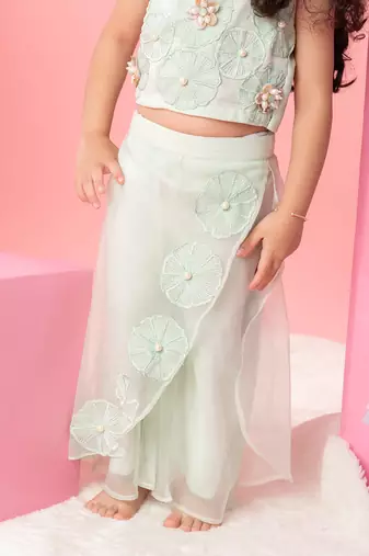 Sea green flower embroidered palazzo set
