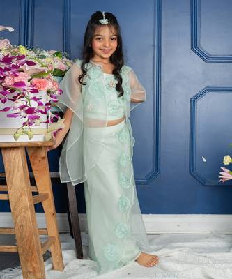 Sea green floral embroidered cape set 1