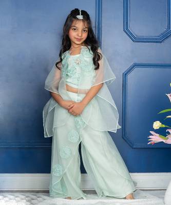 Sea green floral embroidered cape set 2