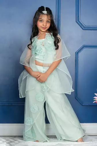 Sea green floral embroidered cape set