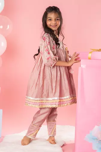 Brown embroidered pleated kurti set