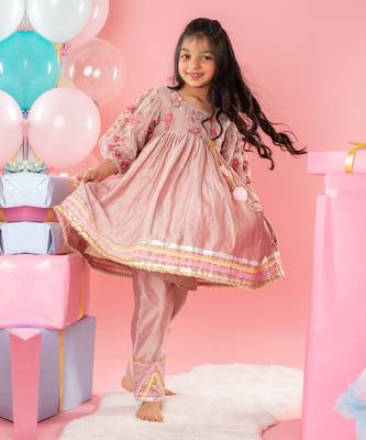 Brown embroidered pleated kurti set 1