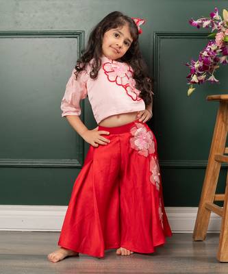 Red flowrer embroidered pant set 2