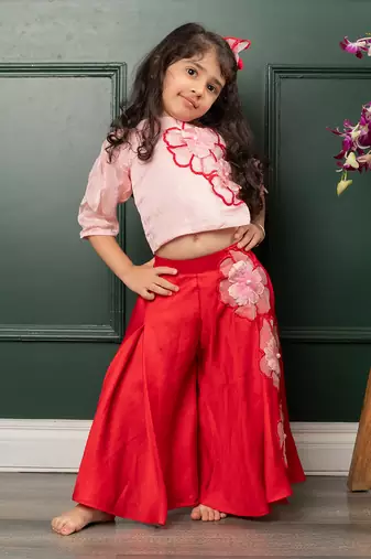 Red flowrer embroidered pant set