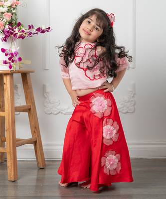 Red flowrer embroidered pant set 3