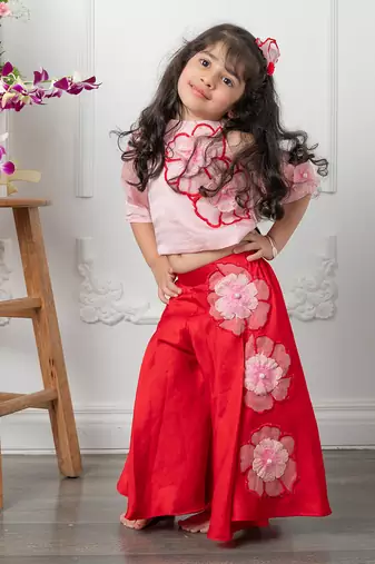 Red flowrer embroidered pant set