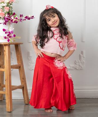 Red flowrer embroidered pant set 4