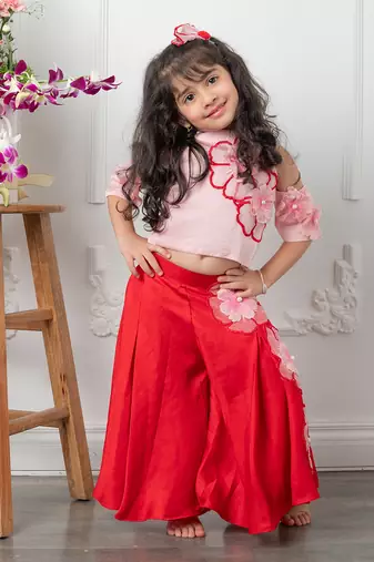 Red flowrer embroidered pant set