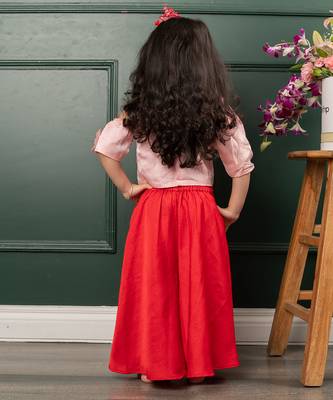 Red flowrer embroidered pant set 5