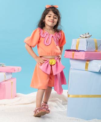 Orange top with bow pleated skirt set 1