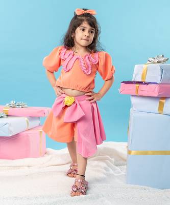 Orange top with bow pleated skirt set 2