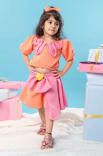 Orange top with bow pleated skirt set