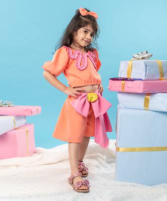 Orange top with bow pleated skirt set 3