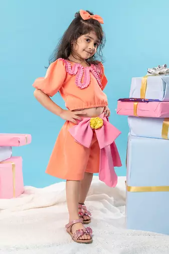 Orange top with bow pleated skirt set