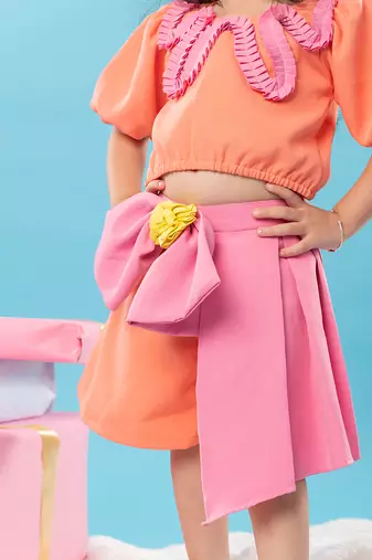 Orange top with bow pleated skirt set