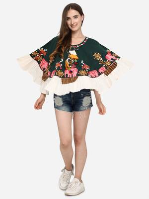 Elephant Embroidered Deep Green Khadi Circular Poncho 4