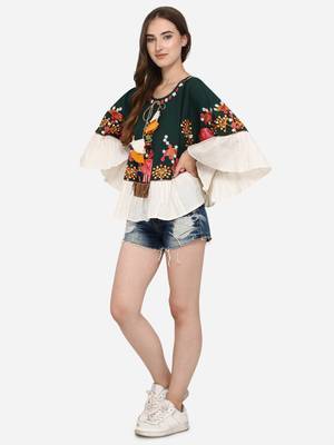 Elephant Embroidered Deep Green Khadi Circular Poncho 5