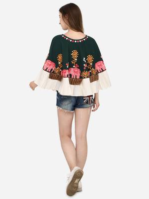Elephant Embroidered Deep Green Khadi Circular Poncho 6