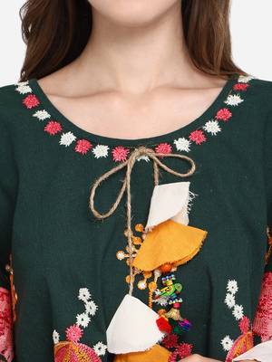 Elephant Embroidered Deep Green Khadi Circular Poncho 7