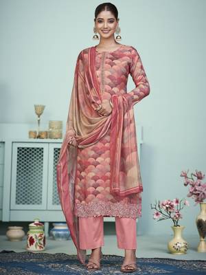 peach muslin digital printed dress material 1