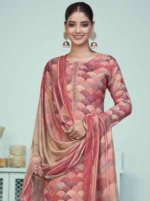 peach muslin digital printed dress material 4