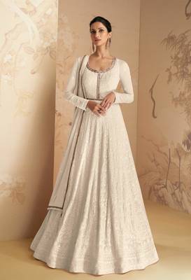 White Designer Thread,Sequance Embroidery Work  Faux Georgette Semistiched Long Length Kameez Pant party wear salwarsuit 1