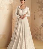 White Designer Thread,Sequance Embroidery Work  Faux Georgette Semistiched Long Length Kameez Pant party wear salwarsuit