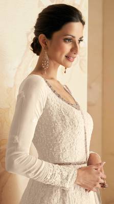 White Designer Thread,Sequance Embroidery Work  Faux Georgette Semistiched Long Length Kameez Pant party wear salwarsuit 2