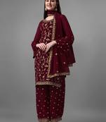 Maroon Designer Embroidery Work Faux Georgette Semistiched Long Length Kameez Plazzo party wear salwarsuit