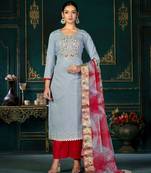 Blue Embroidery Work,Woven Designer Cambric Cotton Semistiched Long Length Kameez Pant party wear salwarsuit