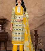Yellow Designer Printed,Hand Work Cotton Semistiched Long Length Kameez Pant party wear salwarsuit