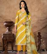 Yellow Designer Printed,Hand Work Jam Cotton Semistiched Long Length Kameez Pant party wear salwarsuit