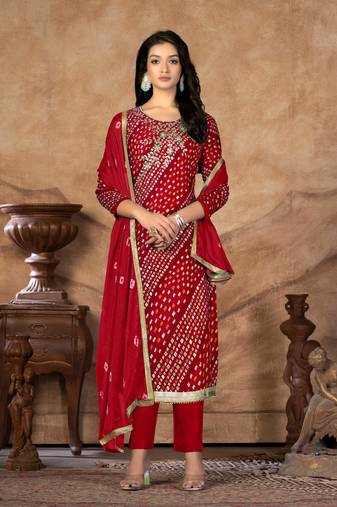 Red Designer Printed,Hand Work Jam Cotton Semistiched Long Length Kameez Pant party wear salwarsuit