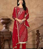 Red Designer Printed,Hand Work Jam Cotton Semistiched Long Length Kameez Pant party wear salwarsuit