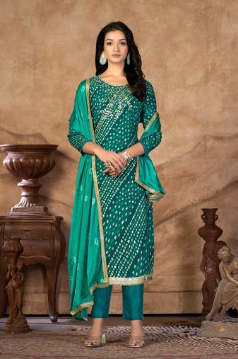 Blue Designer Printed,Hand Work Jam Cotton Semistiched Long Length Kameez Pant party wear salwarsuit