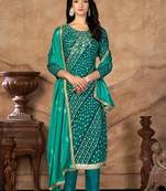 Blue Designer Printed,Hand Work Jam Cotton Semistiched Long Length Kameez Pant party wear salwarsuit