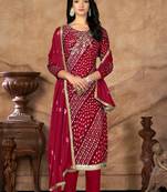 Maroon Designer Printed,Hand Work Jam Cotton Semistiched Long Length Kameez Pant party wear salwarsuit