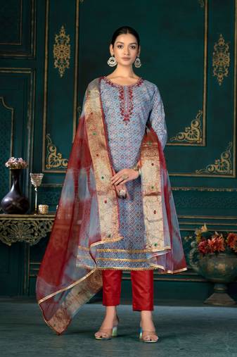 Blue Designer Printed,Hand Work Cotton Semistiched Long Length Kameez Pant party wear salwarsuit