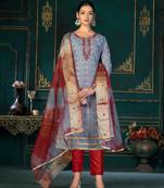 Blue Designer Printed,Hand Work Cotton Semistiched Long Length Kameez Pant party wear salwarsuit