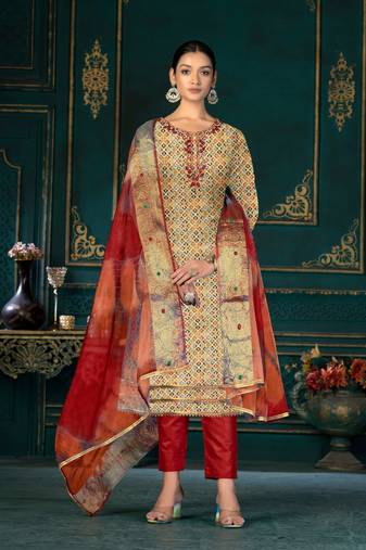 Yellow Designer Printed,Hand Work Cotton Semistiched Long Length Kameez Pant party wear salwarsuit