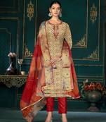 Yellow Designer Printed,Hand Work Cotton Semistiched Long Length Kameez Pant party wear salwarsuit