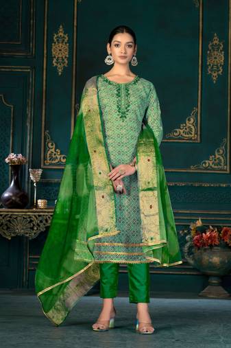 Green Designer Printed,Hand Work Cotton Semistiched Long Length Kameez Pant party wear salwarsuit