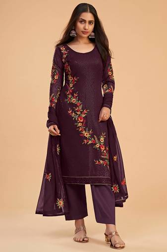 Wine Multy Thread,Sequance Embroidery Work Georgette Semistiched Long Length Kameez Pant party wear salwarsuit
